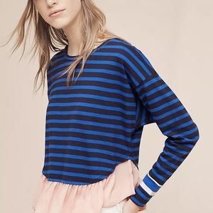 ANTHROPOLOGIE DELETTA I Ruffled Rugby Pullover Top Navy Stripe Small Blue Pink